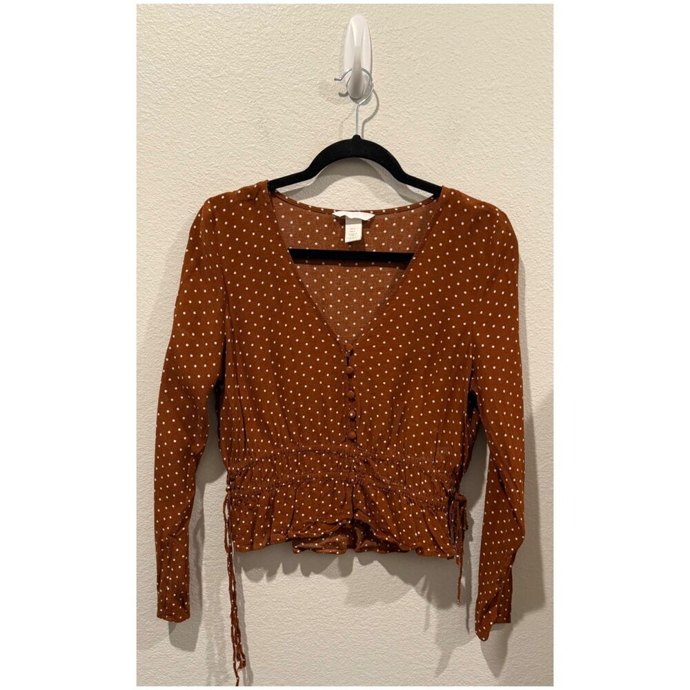 H&M Brown Polka Dot Button Front Smocked Waist Tie Sides V-Neck Blouse